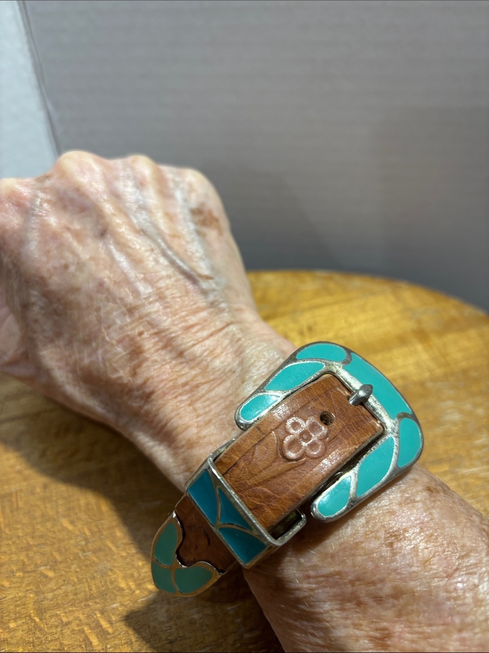 Western Style Tooled Leather with Enamel Bracelet
